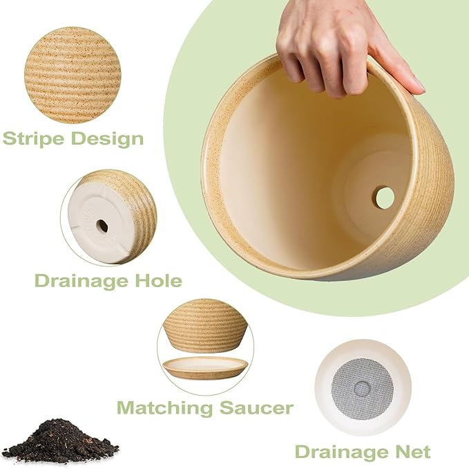 Pot for Plants 8 Inch - Ceramic Planter Indoor Plant Pot with Drainage Hole and Saucer Planter for Outdoor Plants Round Flower Pot for Home Patio Garden Office Decor Yellow