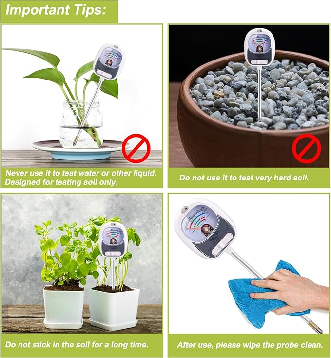 4-in-1 Soil Test Kit, Soil Moisture Meter for Fertility, Light, Moisture, PH, Soil pH Meter, Soil Tester, Moisture Meter for House Plants, Garden, Lawn, Farm, Indoor & Outdoor Use(White)
