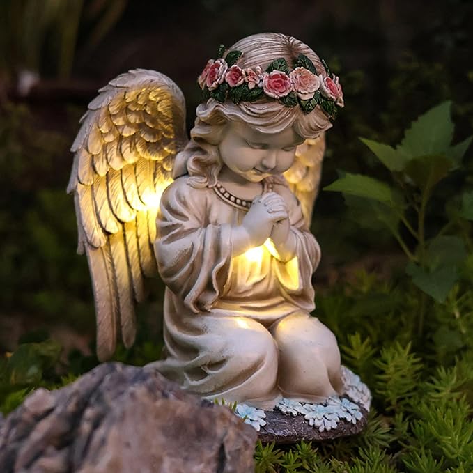 Choies Solar Angel Garden Statue Outdoor Decor,Praying Angel Sculpture for Outside,Home,Patio,Yard,Cemetery,Perfect Birthday or Valentines Day Angel Gifts for Women,Mom