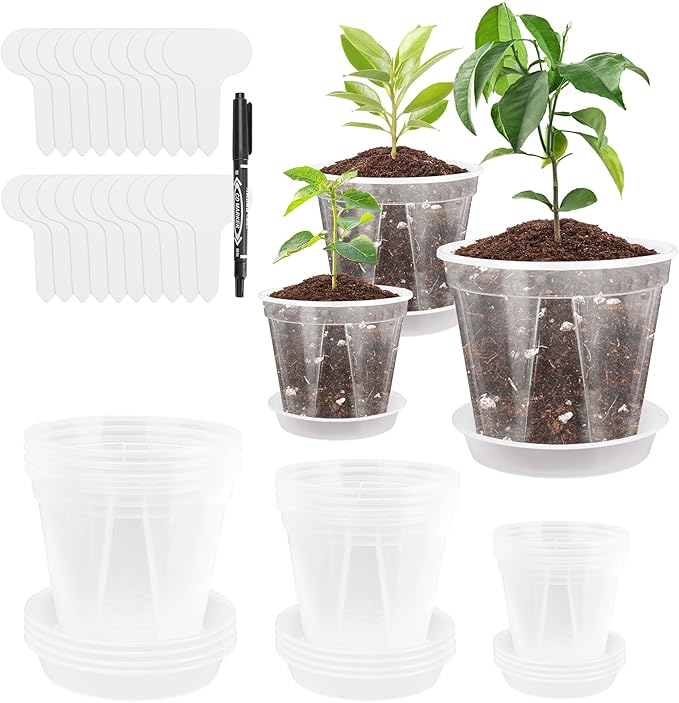 12pcs 3.9/4.7/5.9 Inch Clear Nursery Pots with Saucer, Transparent Plastic Plant Pots with Drainage Hole for House Plants, Flower, Succulent and Outdoor Clearance (20pcs Plant Labels)