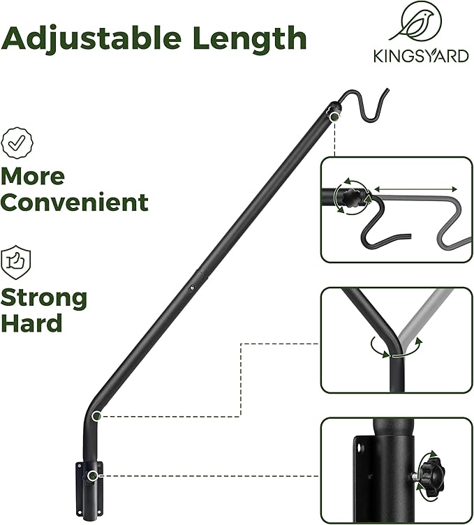 Kingsyard 2 Pack Heavy Duty Wall Mounted Deck Hook, 27"-39" Adjustable Metal Plant Wall Hanger for Hanging Bird Feeders, Planters, Lanterns, Wind Chimes, Wall Mounted
