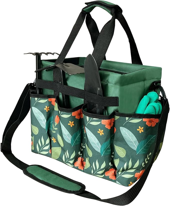 Garden Tote Bag, Oxford Garden Tools Storage Bag with 8 Pockets, Portable Garden Tool Organizer Bag with Adjustable Shoulder Strap, Ideal Gardening Gifts for Gardening Lovers No Tools (Green)