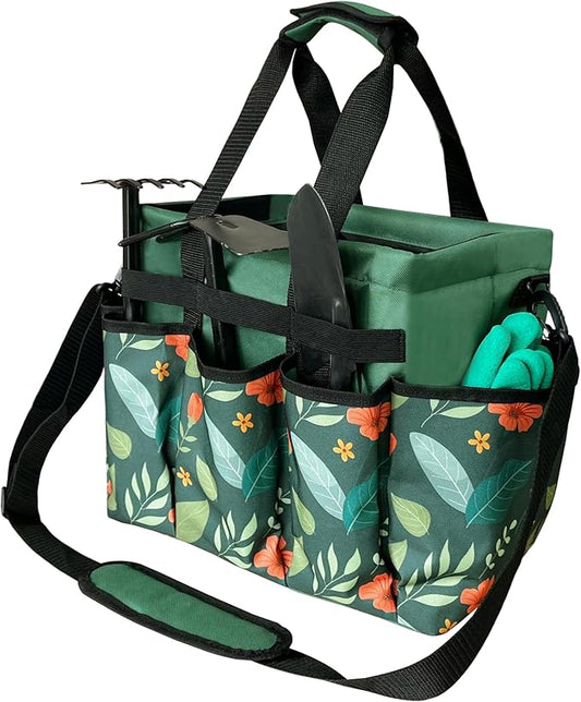 Garden Tote Bag, Oxford Garden Tools Storage Bag with 8 Pockets, Portable Garden Tool Organizer Bag with Adjustable Shoulder Strap, Ideal Gardening Gifts for Gardening Lovers No Tools (Green)