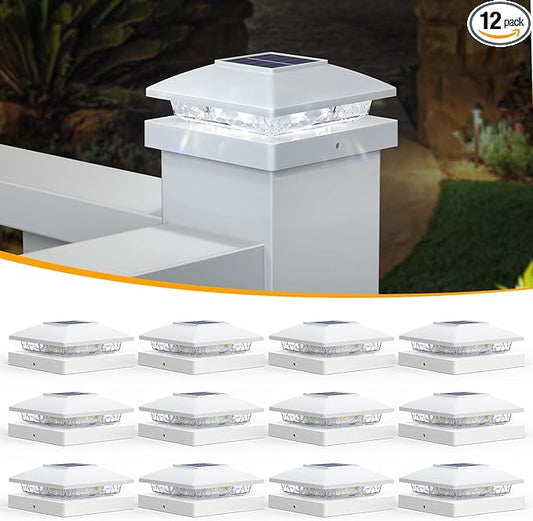 APONUO Solar Post Cap Lights for 4x4 Wood & Vinyl Posts, IP44 Waterproof Cool White LED 4x4 Post Solar Lights, Outdoor Garden Patio Yard Decor, 12 Pack (White)
