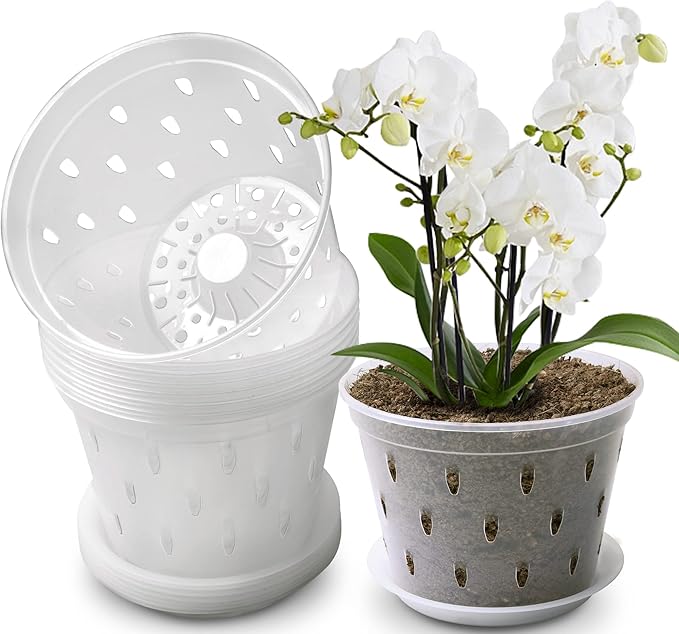 Orchid Pot, 7 Inch 8 Pack Orchid Pots with Holes and Saucers, Clear Plastic Plant Pot Indoor