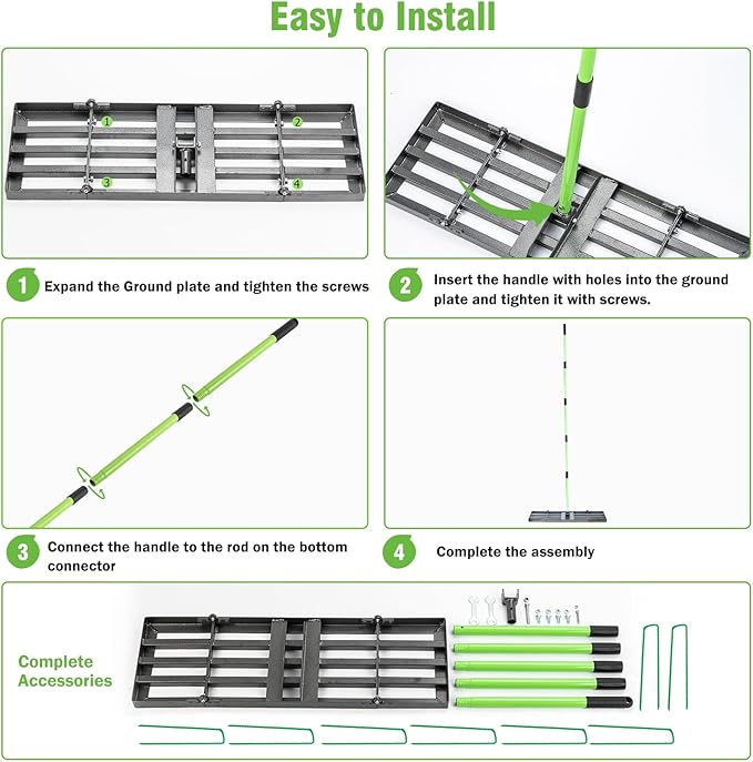 Lawn Leveling Rake 30x10 inch,Stainless Steel Lawn Leveler with Green Positioning Stakes,6.3FT Adjustable Long Handle,Heavy Duty Level Lawn Tool for Backyard, Garden, Golf Course, Farm, Pasture
