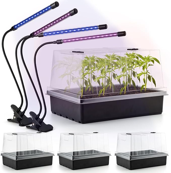 4 Sets Seed Starter Trays with Grow Light, 4pcs Seed Starter Tray with 4 Adjustable LED Plant Lights, Seed Starting Trays with 5'' Humidity Dome Lid, Flexible Light with 20 Lamp Beads/Bar for Seedling