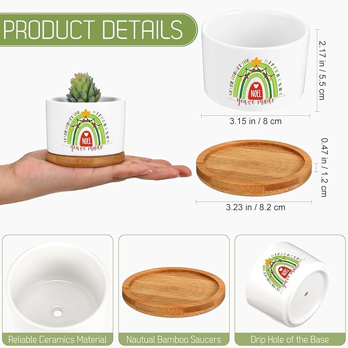 Sieral 6 Pcs Thank You Gift Appreciation Gift Succulent Pots Mini Ceramic Plant Pot with Bamboo Tray Succulent Planter for Coworker Employee Teacher School Counselor, Plants Excluded(Joyous Style)