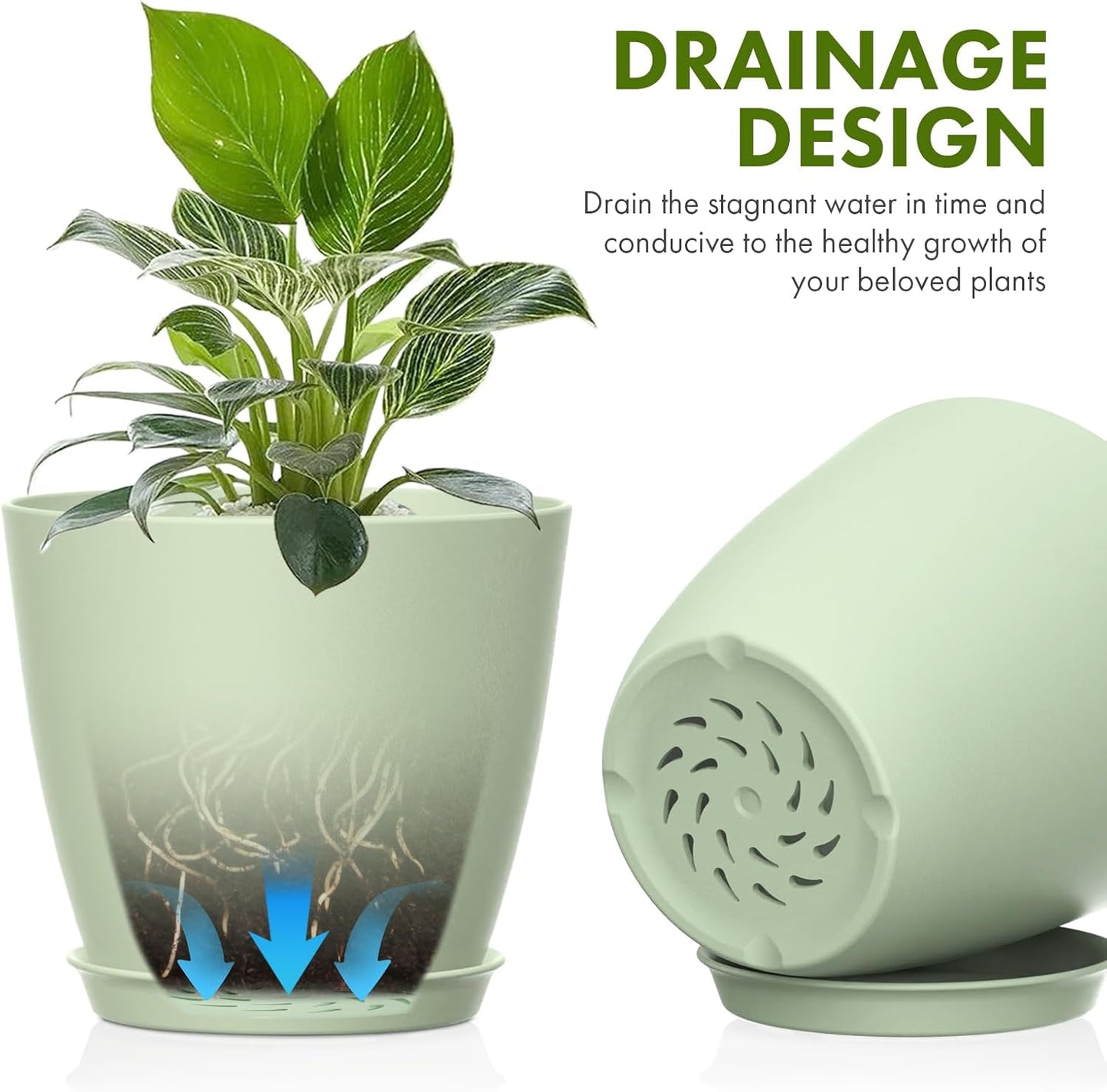 8 Pack 4 Inch Plant Pots with Drainage Holes and Saucers, Pots for Plant Indoor, Plastic Planters for Succulents and Small Plants, Green