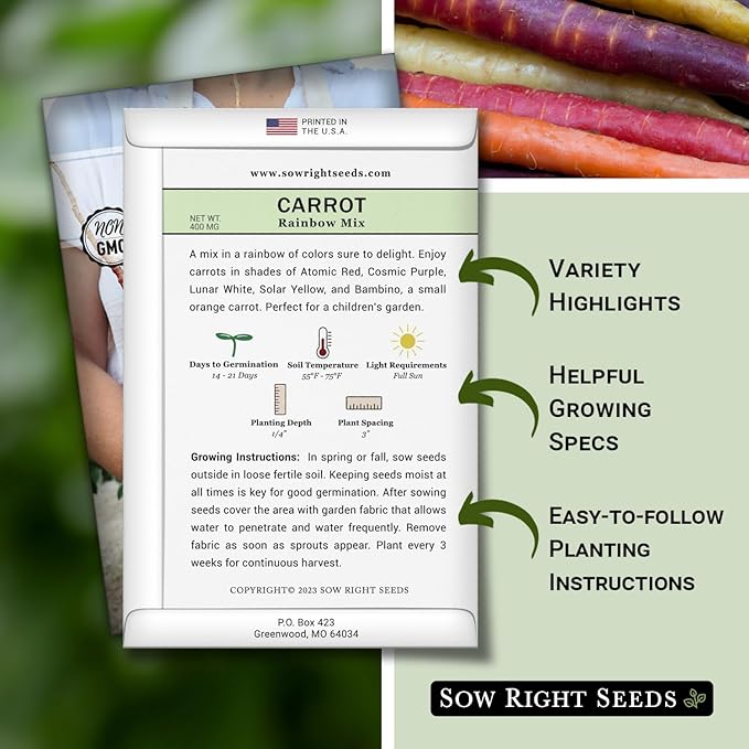 Sow Right Seeds - Rainbow Mix Carrot Seed for Planting - Non-GMO Heirloom Packet with Instructions to Plant a Home Vegetable Garden - Orange, Red, Purple, White Variety Mix for Colorful Harvest (2)