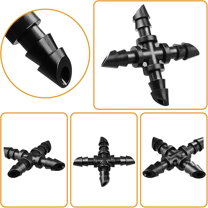 Drip Irrigation Fittings Barbed Cross Tee for 1/4" Irrigation Tubing, 40 Pieces Barbed 4 Way Connectors, Drip Line 4 Way Couplings for Drip Sprinkler Garden Lawn Systems