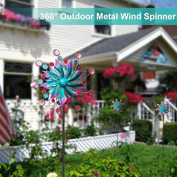 Solar Wind Spinners for Yard and Garden-60.6 Inch 360° Metal Wind Sculptures Outdoor Clearance Kinetic Windmills with Multi Color Led Glass Ball