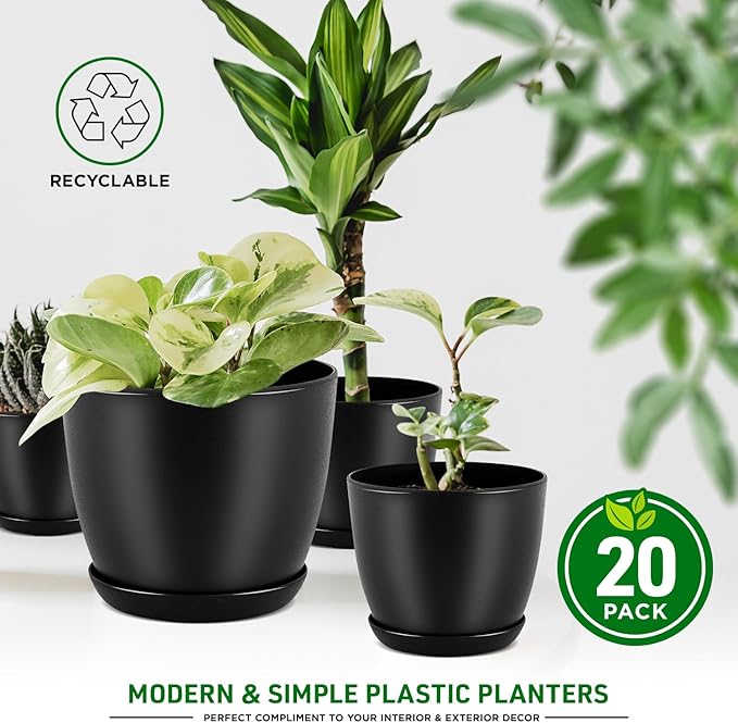 Plant Pots with Multi Drainage Holes - 20 Pieces Versatile, Sturdy Plastic, Stackable Design Home Decor Flower Pots for Indoor and Outdoor Gardening - Black