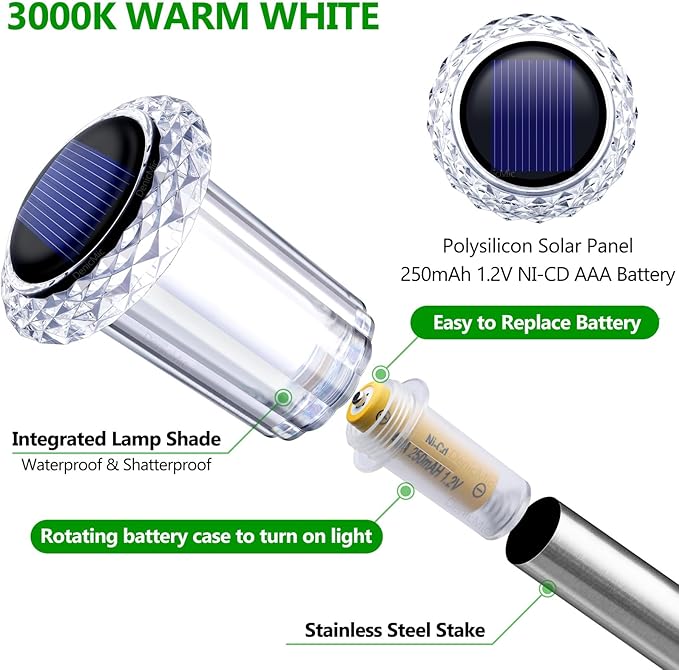 DenicMic Solar Lights Outdoor Pathway Lights 3000K LED Waterproof Acrylic Lamp Head Stainless Steel Stake for Yard Garden Landscape Path Walkway Driveway Patio Lawn (Warm White 10Pack)