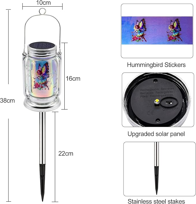 2 Pack Solar Fairy Lanterns for Garden Outdoor Decorations-Gifts for Mom Women Grandma,Outdoor Flower Fairies Silver Glass Mason Jars,Hanging Lamp with Stake for Home Yard Patio Lawn Party
