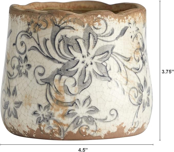 Nearly Natural 4.5in. Tuscan Ceramic Gray Scroll Planter, White