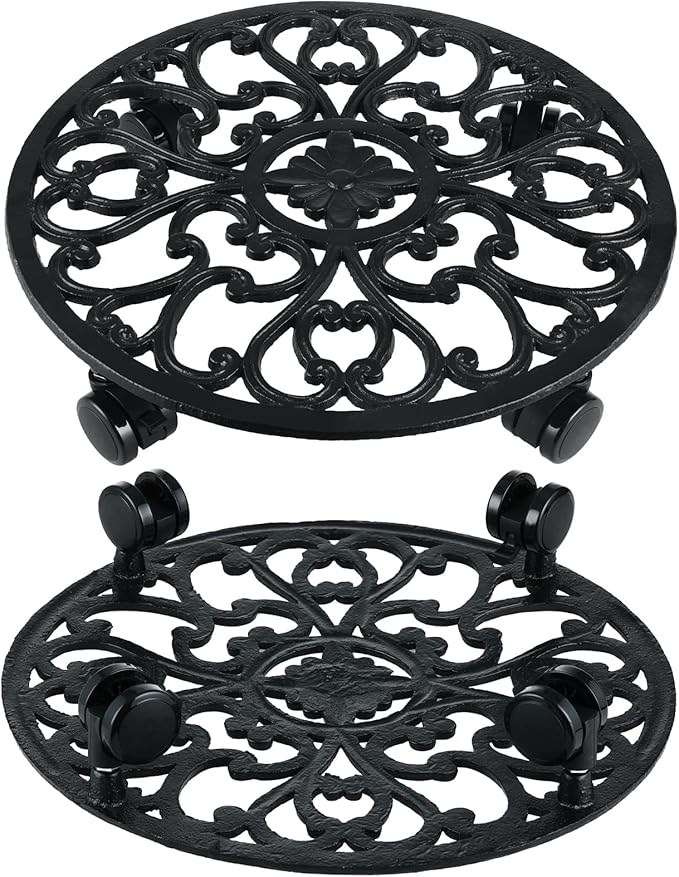 14 Inch Rolling Plant Stand with Wheels Metal Plant Caddy with Wheels Heavy Duty Round Plant Stand Indoor Iron Plants Rollers for Plants, Plant Dolly with Plant Saucers 1 Pack