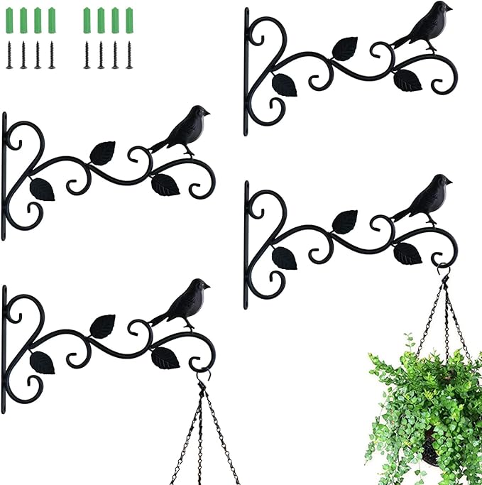 Hanging Plants Bracket 12" Bird Planter Outdoor Hooks Hangers for Flower Baskets Pot Bird Feeder Wind Chimes Lanterns Patio Garden Outdoor Indoor Metal Black, 4 Packs