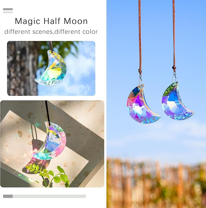 HDCRYSTALGIFTS 2pcs 50mm Crystal Prisms Sun Catchers,Half Moon Drop Hanging Suncatchers for Windows, Rainbow Maker Crystals Decoration