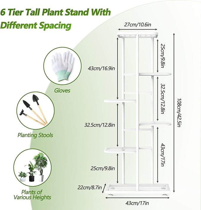 6 Tier 7 Potted White Plant Stand Indoor Outdoor with Gardening Tools and Gloves, Upgraded Corner Metal Plant Rack UnitShelf for Multiple Plants,Tall Flower Pot Holder Display for Patio, Balcony, Living Room