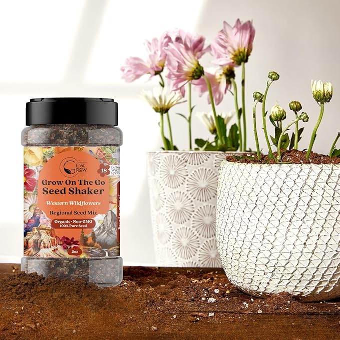 GevaGrow on the Go Seed Shaker - Western Wildflower Seeds Regional Mix - Organic, Non-GMO - 100% Pure Seed - 18 Different Wildflowers Seeds of Annual and Perennial, 2oz
