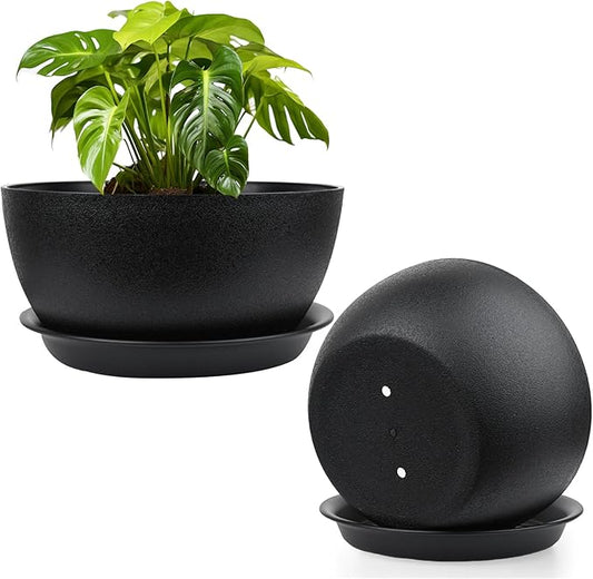 13 inch Plant Pots Pack of 2, Plastic Planter with Drainage Holes and Saucers, Plant pots for Indoor Outdoor Use, Flower Pots for All House Plants (Black)