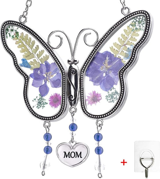 Laraine Butterfly Suncatcher with Pressed Flower Wings Mom Mother's Day Butterfly Glass Wind Chime Ornament Charm with Metal Heart Gifts for Mom Grandma Birthday (Purple Mom (with Free Hook))