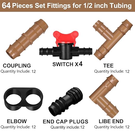 64 Pcs Drip Irrigation Fittings Kit 1/2 Inch Tubing Set Including 4 Switch Valve, 12 Elbows, 12 Couplings, 12 End Cap Plugs, 12 Tees and 12 End Closures Drip for Compatible Drip or Sprinkler Systems
