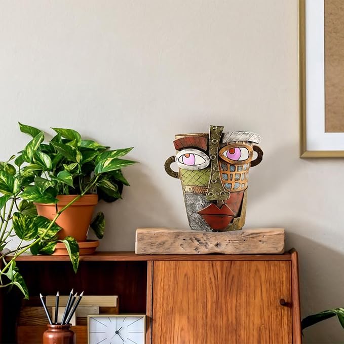 TOZLU Picasso Brutalist Abstract Beauty Face Flower Pot Ornaments Abstract Face Flower Pots Abstract Head Planter Pots Container Colorful Face Art Abstract Resin Flower Pot (Retro Big)