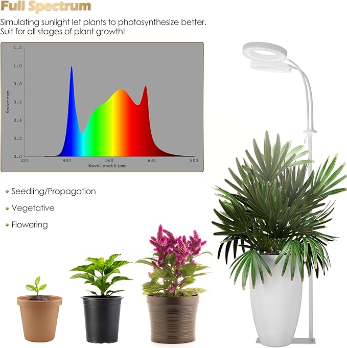 GLOWRIUM Grow Light with Stand,2-Head LED Plant Light for Indoor Plants, Full Spectrum Grow Lamp, 3/9/12H Timer, 6 Dimmable Levels, 3 Lighting Mode, Adjustable Height White