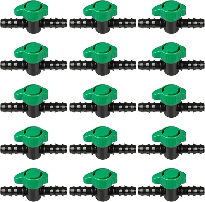 1/2 Inch Drip Irrigation Barbed Valve, 15 Pcs Barbed Switch Valves Drip Line Parts for 1/2" Drip Tubing (.570-.620" ID), 1/2 in. in-line Barbed Shut Off On Valve for Garden Irrigation System