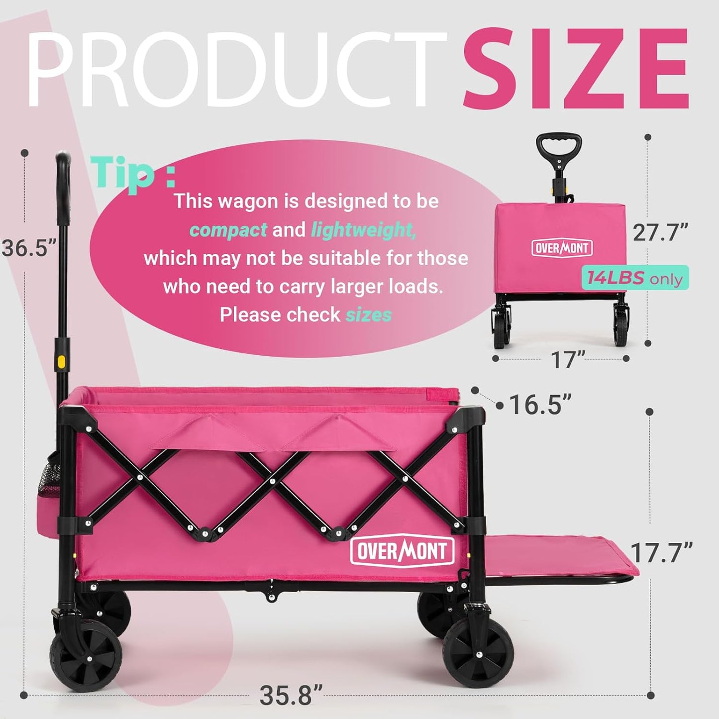 OVERMONT Collapsible Wagon with Tailgate - 220lbs Extended Lightweight Foldable Utility Wagons Folding Cart with Wheels - Small Garden Grocery Cart for Shopping,Grocery,Sports,Garden