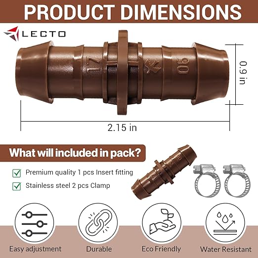 LECTO Universal 5/8", 1/2", .700" Drip Line Repair Kit – Coupler, 3