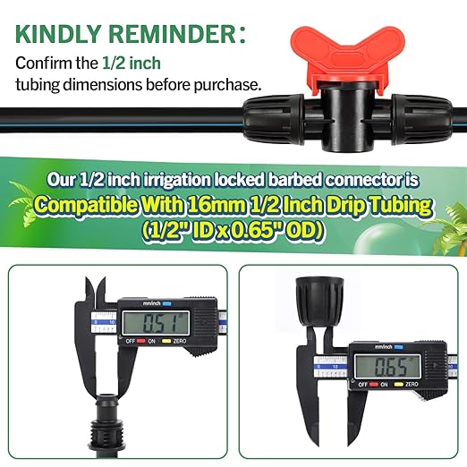 12 Pack Drip Irrigation Shut Off Valve Fittings for 1/2 Inch Drip Tubing(1/2" ID x 0.65" OD), Anti-drop Barbed 1/2'' Drip Line Ball Valve Connectors with Lock Nut for Garden Irrigation System