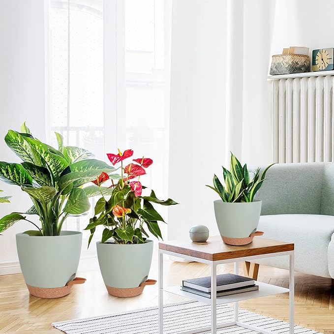Planters for Indoor Plants, 8/7/6.5/6/5.5/5 Inch Self Watering Planters with Drainage Hole, Plastic Planters Flower Pots for Indoor Outdoor Plants (Green)