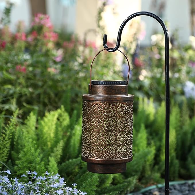 2 Pack Solar Lanterns Outdoor Waterproof, Hanging Led Lantern Garden Decorative, Metal Decorative Garden Lights, Solar Outdoor Lights Decor for Table Patio Garden Yard Pathway, Bronze, T00012