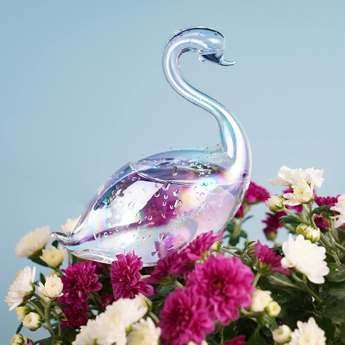 NiHome Glass Plant Self Watering Bulbs 3-Pack Iridescent Pearl Home Potted Planter Watering Bulbs Insert Decorative Devices Vacation Automatic Watering Spikes Indoor and Outdoor (Swan, Snail & Bird)