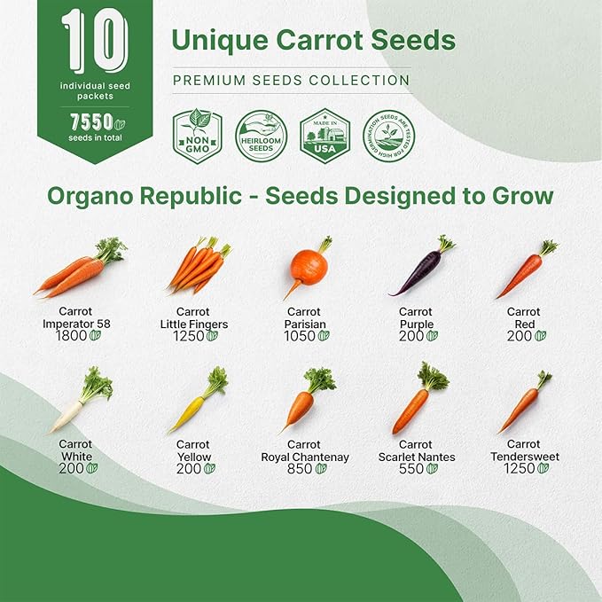 Organo Republic 10 Unique Carrot Seeds Variety Pack - 7,550+ Non-GMO Heirloom Carrot Seeds for Outdoor & Indoor Home Gardening, Including Carrot Imperator 58, Little Fingers, Scarlet Nantes, Parisian