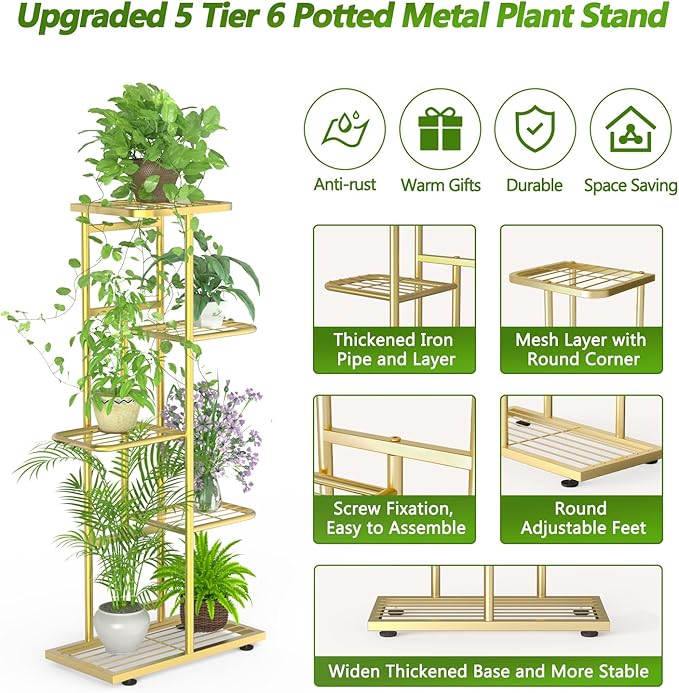 5 Tier 6 Potted Gold Plant Stand Indoor Outdoor with Gardening Tools and Gloves, Upgraded Corner Metal Plant Rack Units Shelf for Multiple Plants, Flower Pot Holder Display for Patio, Balcony, Living