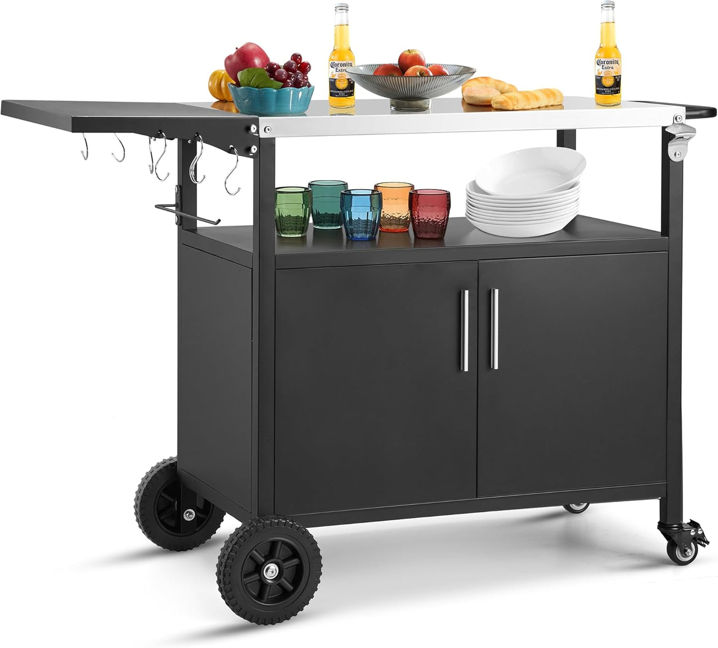 Outdoor Grill Cart with Storage Movable Grill Cart Outdoor Kitchen Island Pizza Oven Table Food Prep Table with Wheels Storage Cabinet for Outside Patio Backyard Garden