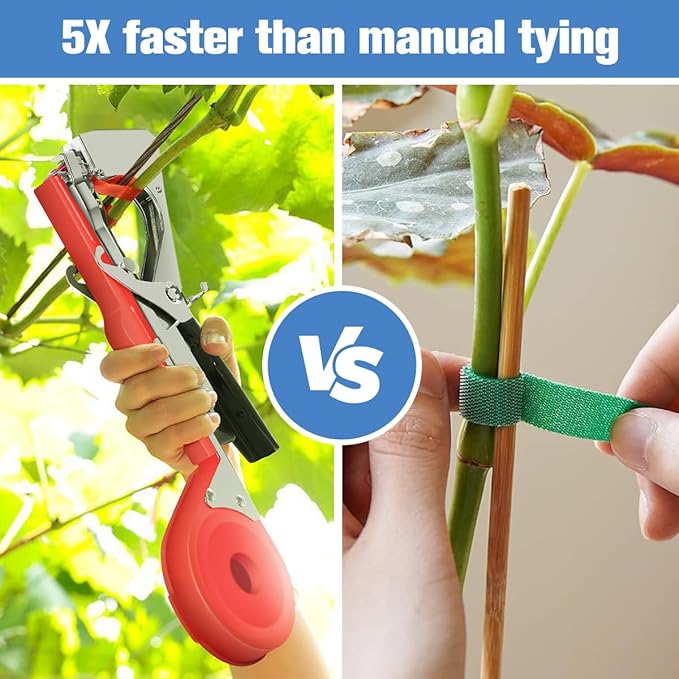 FUNTECK Plant Tying Machine to Tie Tomatoes Peppers and Cucumbers Quickly and Easily, Great for Gardeners Farmers, Including Spare Parts, Tapes and Staples, Red