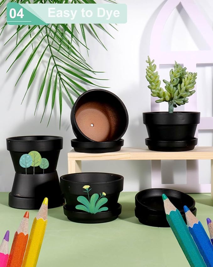 vensovo 5.7 Inch Black Terracotta Shallow Succulent Pots - 6 Pack Terra Cotta Clay Pot with Saucer, Cacuts Indoor and Outdoor Planters with Drainage Hole