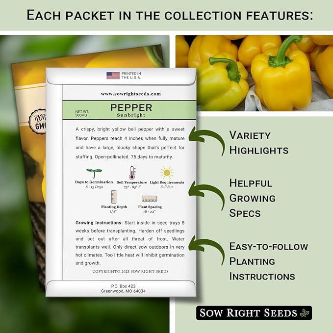 Sow Right Seeds - Hot & Sweet Pepper Seed Collection for Planting - Sunbright, Chocolate, Cayenne, California Wonder, Jalapeno, Anaheim, Cubanelle and Serrano - Non-GMO Heirloom Seeds to Plant