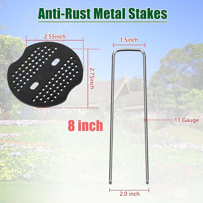 8 Inch 11 Gauge Galvanized Landscape Staples Stakes with Gaskets for Decoration, 25/50/100pcs Garden Metal Stakes for Weed Barrier Fabric, Fence Stakes, Tent Stakes(8in,25pcs)