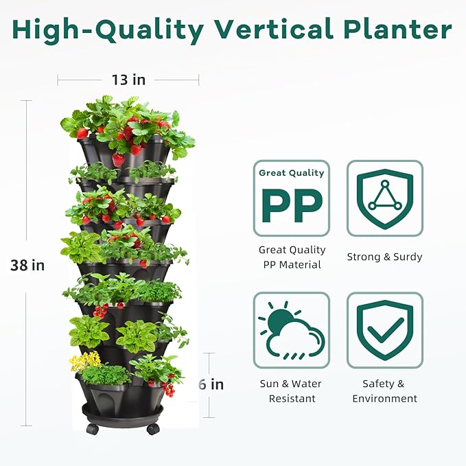 Strawberry Vertical Planters, 7 Tiered Stacking Tower Garden with Support Pole, Stackable Herb Vegetable Planters Indoor and Outdoor - Black