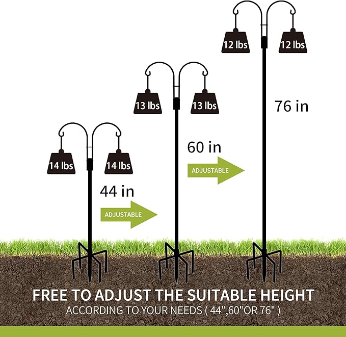 XDW-GIFTS Double Shepherds Hooks for Outdoor, 2-Pack Heavy Duty Garden Pole for Hanging Bird Feeder, Plant Baskets, Solar Light Lanterns, Garden Plant Hanger Stands with 5 Base Prongs
