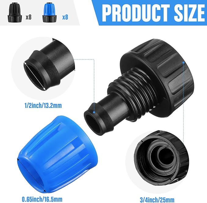 12 Pcs 1/2 Inch Garden Hose Adapter 3/4" to 1/2" Drip Irrigation Tubing Faucet Adapter Drip Irrigation Parts Faucet to Hose Adapter for Garden 3/4 Inch Faucet Connector (Black, Blue)