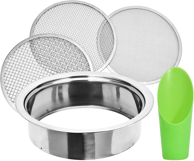 Soil Sieve Sifter Set Stainless Steel,Garden Sieve Set with 3 Interchangeable Mesh 1,3,5mm,Sifting Screen for Dirt, Sand, Rock, Filtration, Compost, with Soil Scoops Gardening Tool