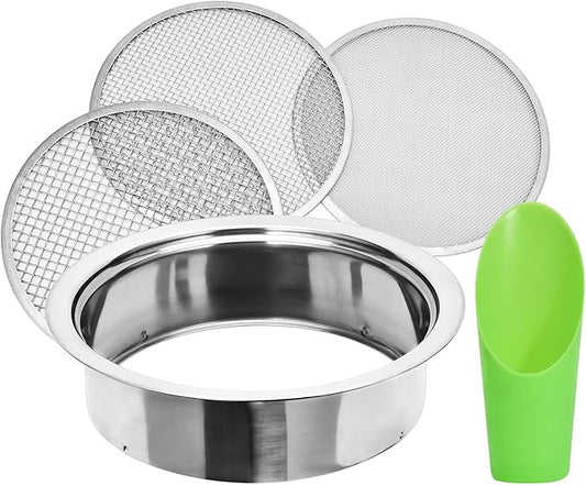 Soil Sieve Sifter Set Stainless Steel,Garden Sieve Set with 3 Interchangeable Mesh 1,3,5mm,Sifting Screen for Dirt, Sand, Rock, Filtration, Compost, with Soil Scoops Gardening Tool
