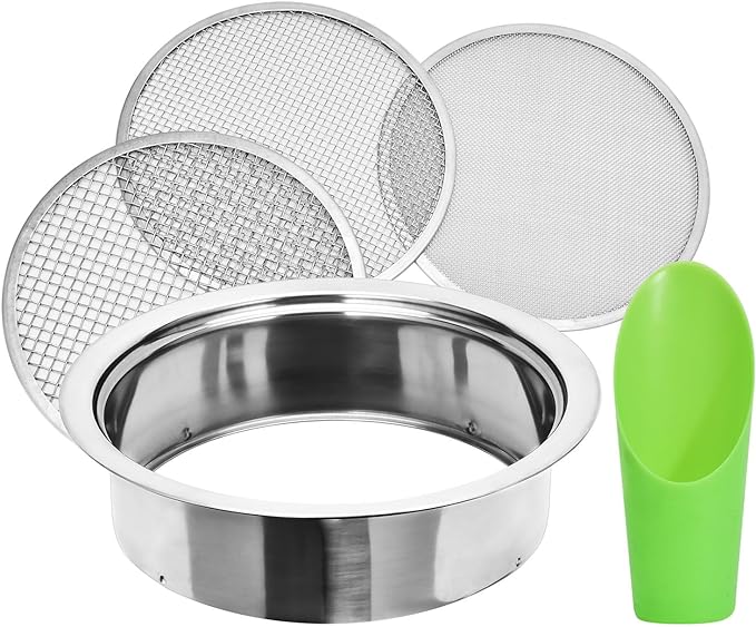 Soil Sieve Sifter Set Stainless Steel,Garden Sieve Set with 3 Interchangeable Mesh 1,3,5mm,Sifting Screen for Dirt, Sand, Rock, Filtration, Compost, with Soil Scoops Gardening Tool